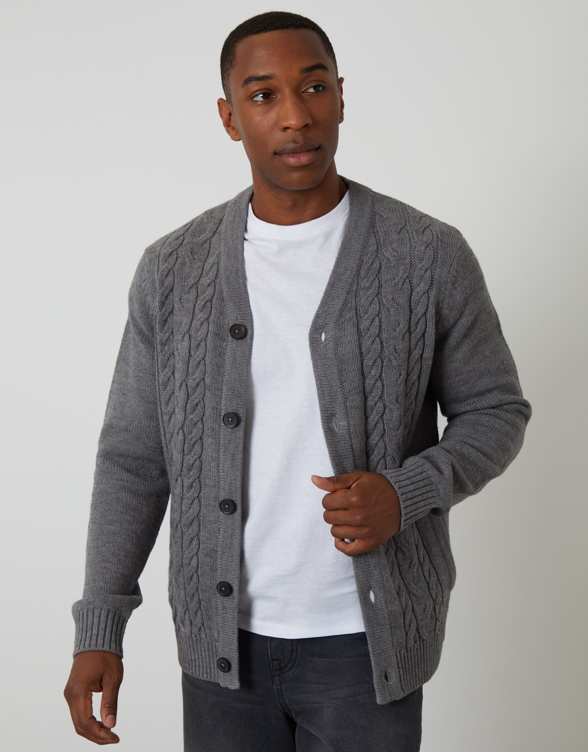 Threadbare Men's Grey Cable Knit Detail V-Neck Cardigan