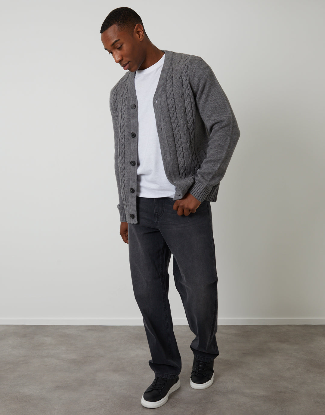 Grey Cable Knit Detail V-Neck Cardigan