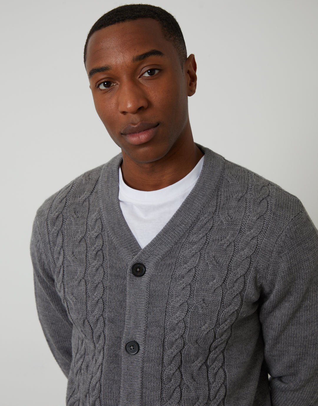 Grey Cable Knit Detail V-Neck Cardigan