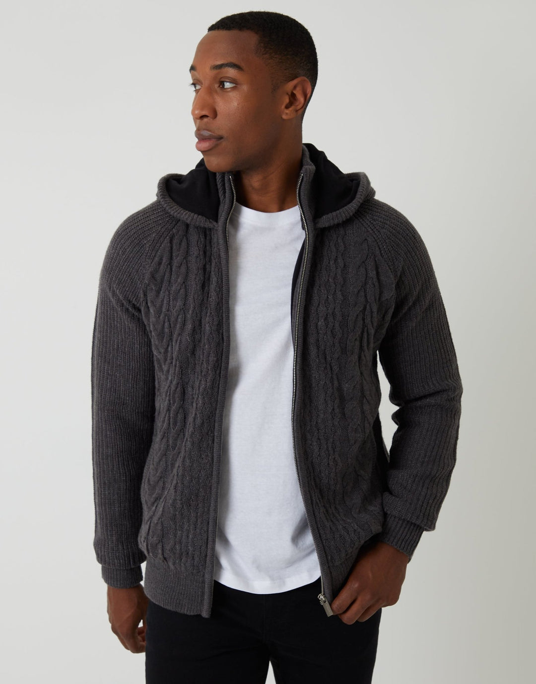 Worn Threadbare Threadbare Men's Cable Knit Lined Hoodie in Charcoal Grey