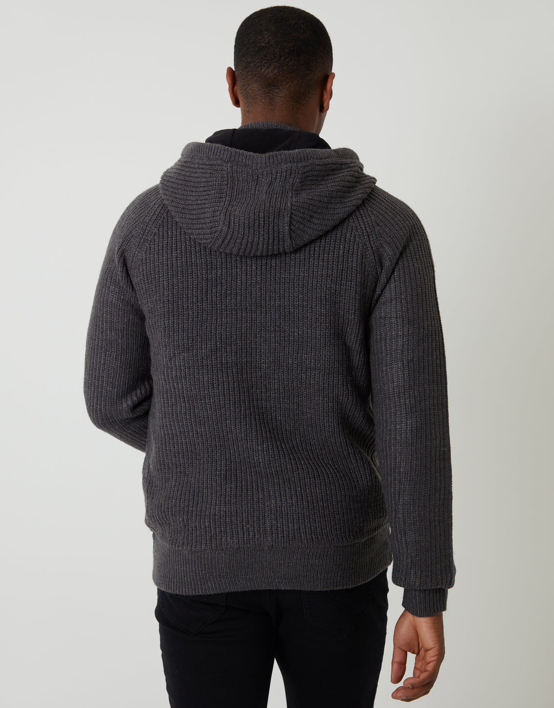 Threadbare Cable Knit Microfleece Lined Zip Through Hoodie in Charcoal Grey - back view