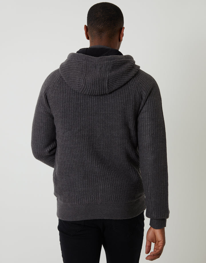 Threadbare Cable Knit Microfleece Lined Zip Through Hoodie in Charcoal Grey - back view