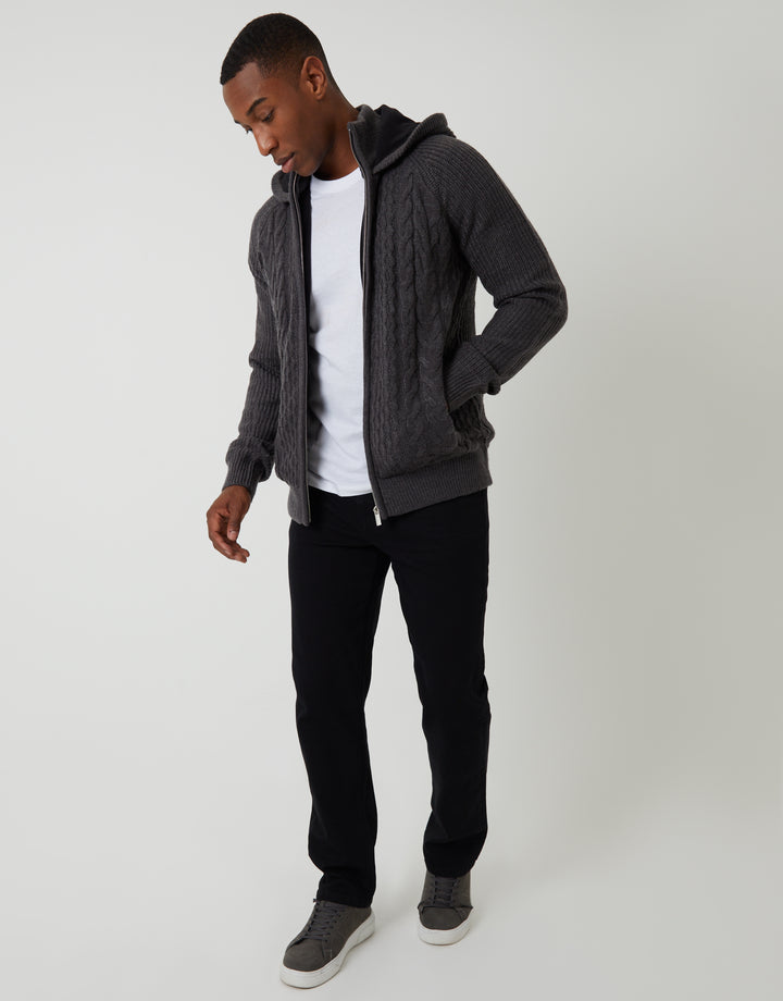 Threadbare Cable Knit Microfleece Lined Zip Through Hoodie in Charcoal Grey - full body
