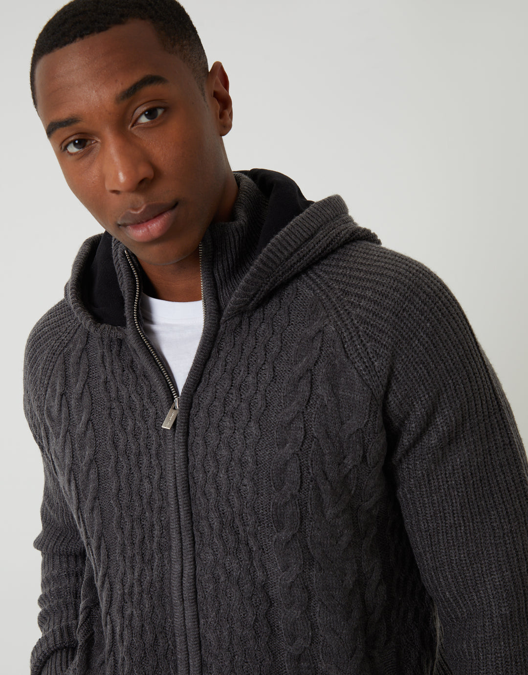 Threadbare Cable Knit Microfleece Lined Zip Through Hoodie in Charcoal Grey - front view close up