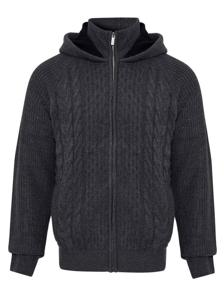 Cable Knit Microfleece Lined Zip Through Hoodie in Charcoal Grey