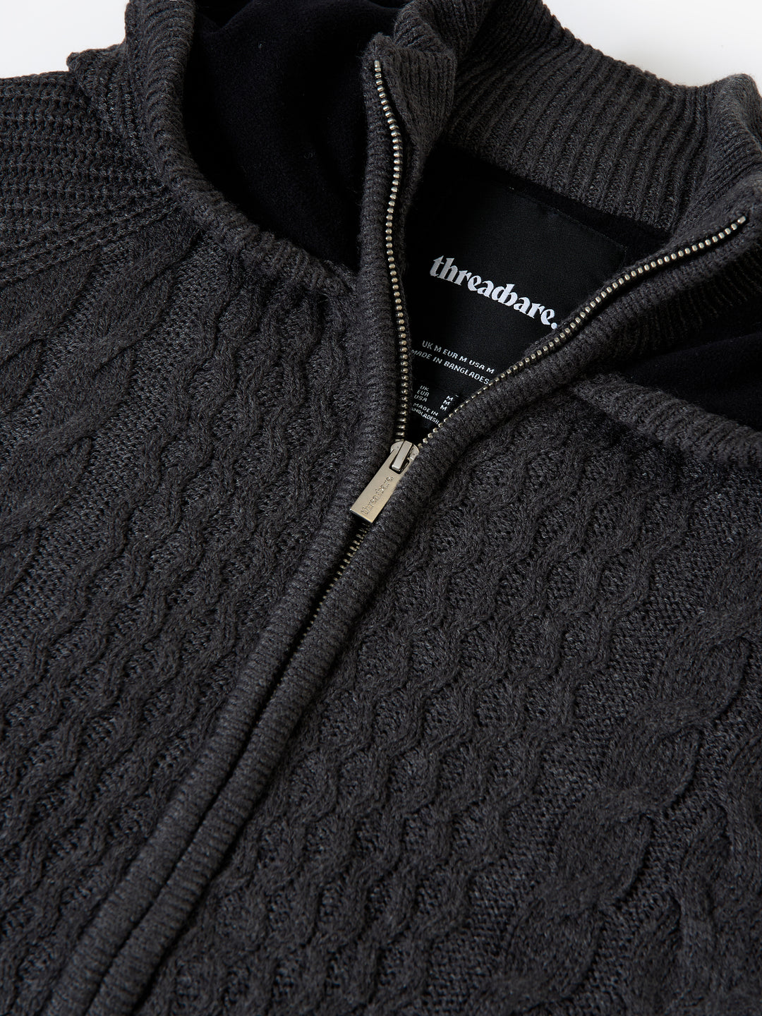 Cable Knit Microfleece Lined Zip Through Hoodie in Charcoal Grey