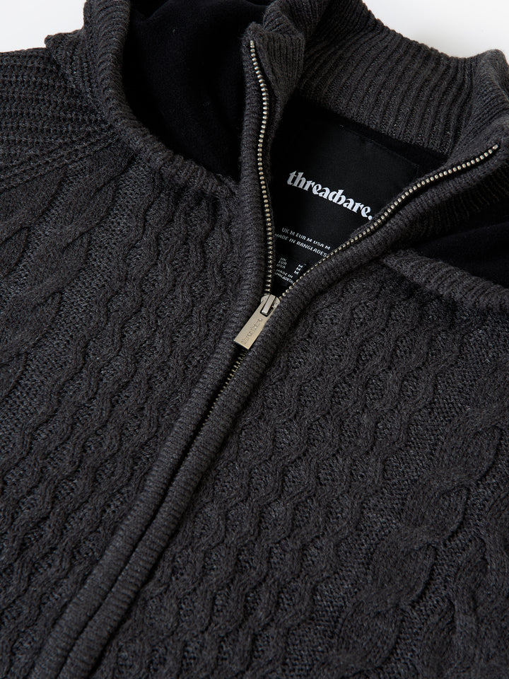 Cable Knit Microfleece Lined Zip Through Hoodie in Charcoal Grey