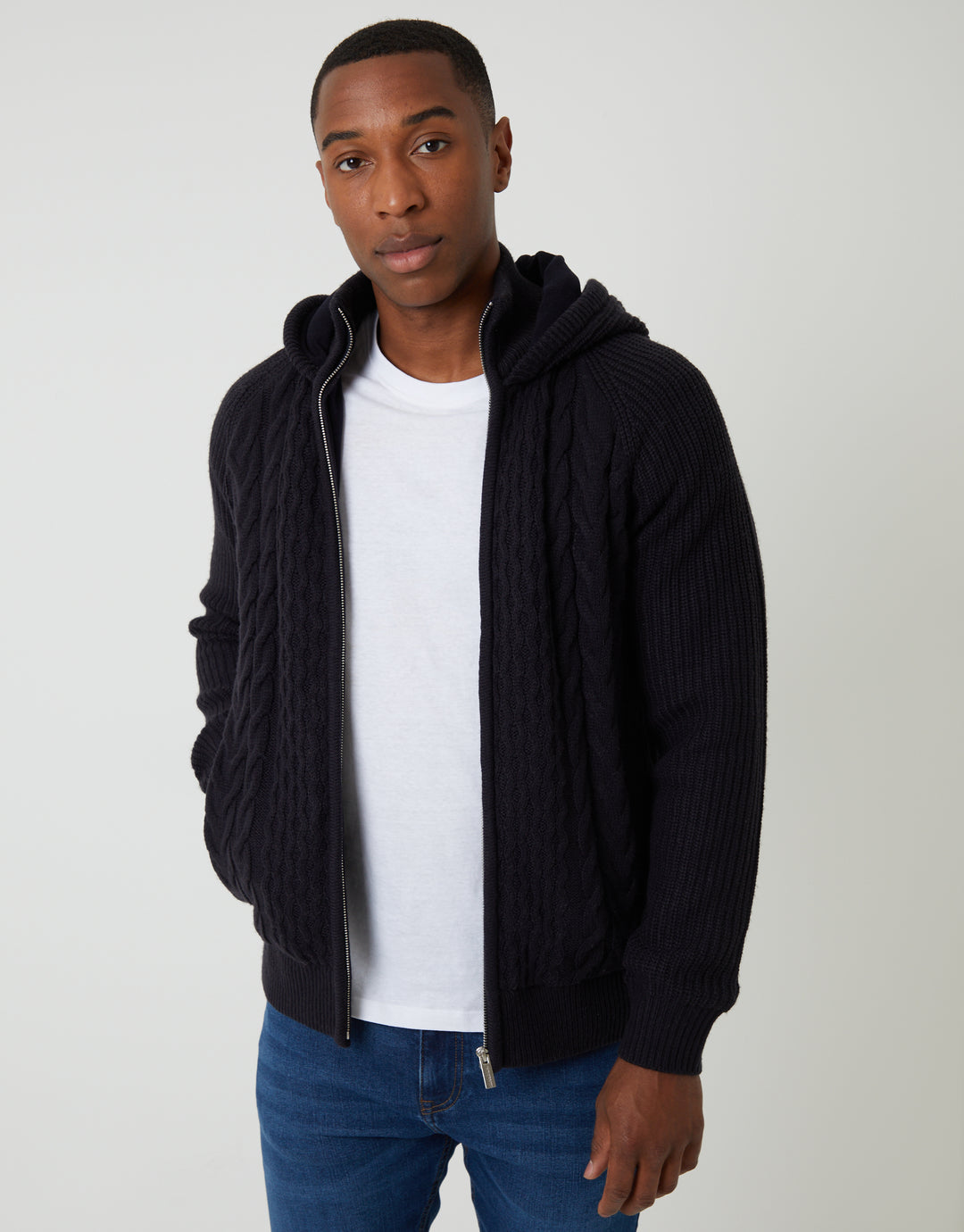 Navy Cable Knit Microfleece Lined Zip Through Hoodie