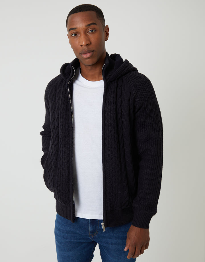 Navy Cable Knit Microfleece Lined Zip Through Hoodie