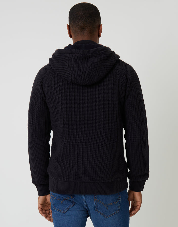 Navy Cable Knit Microfleece Lined Zip Through Hoodie