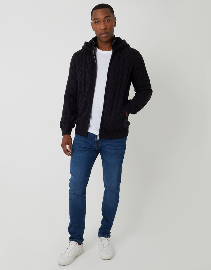 Navy Cable Knit Microfleece Lined Zip Through Hoodie