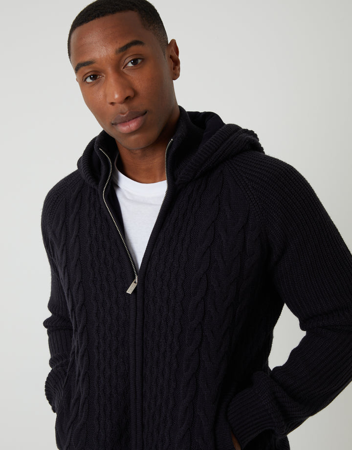 Navy Cable Knit Microfleece Lined Zip Through Hoodie