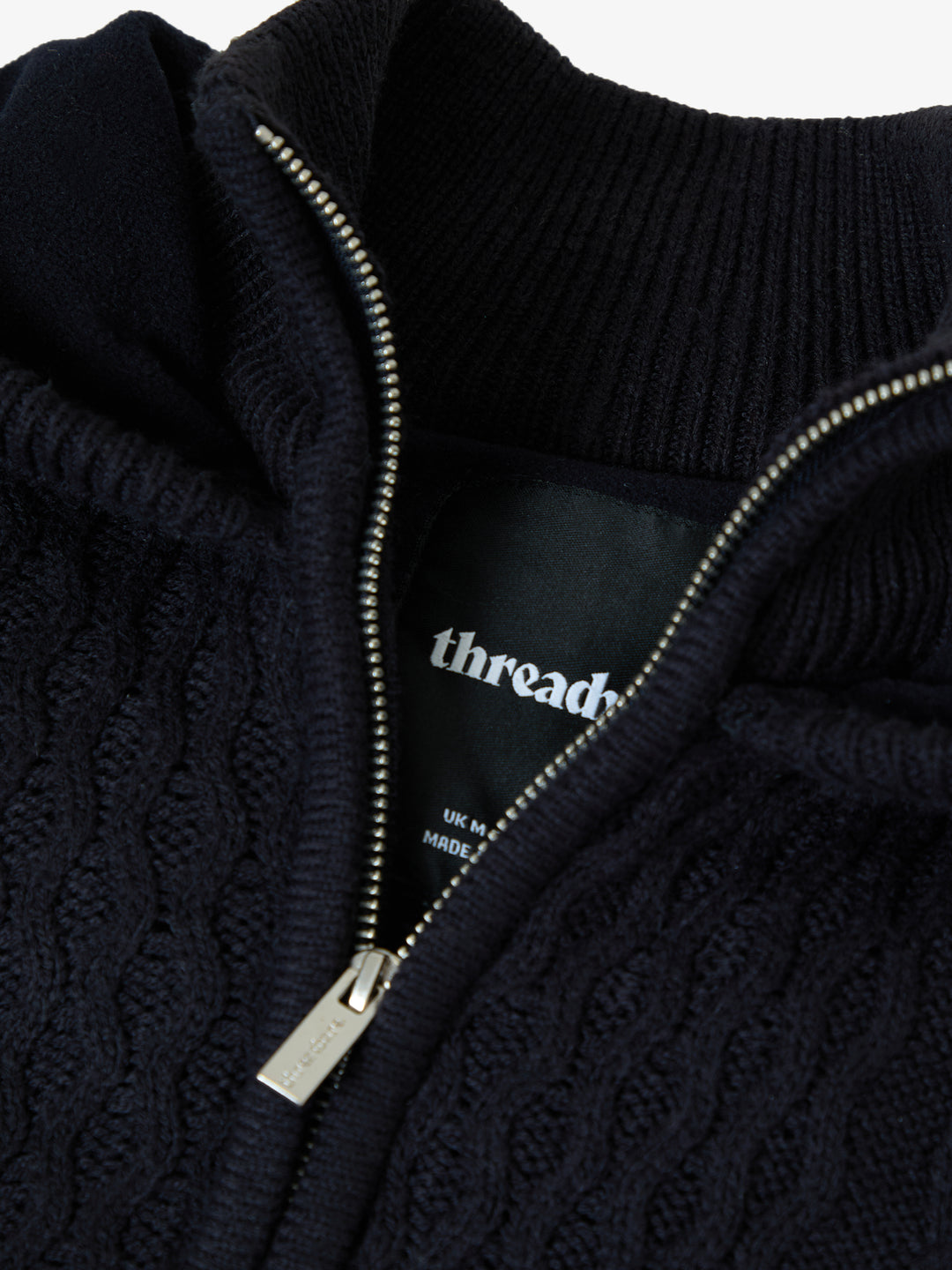 Navy Cable Knit Microfleece Lined Zip Through Hoodie