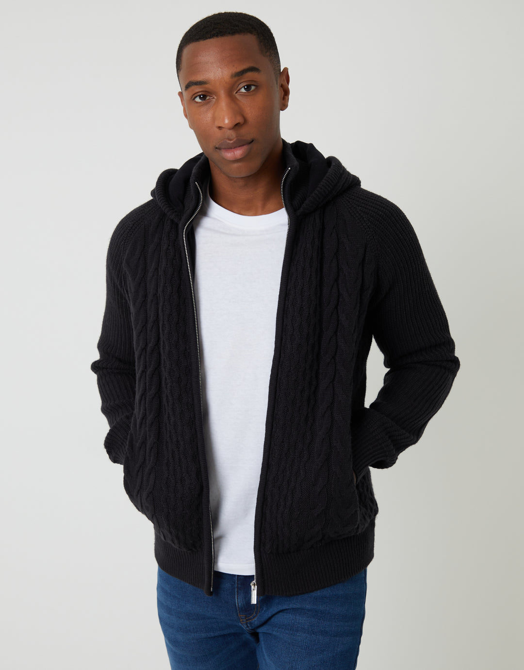 Black Cable Knit Microfleece Lined Zip Through Hoodie