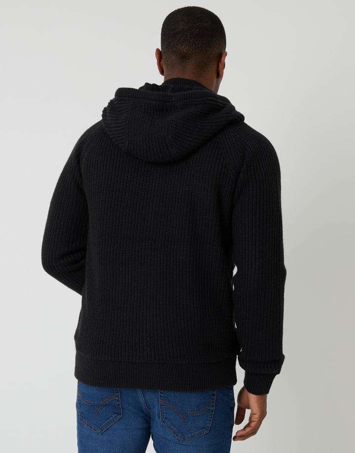 Black Cable Knit Microfleece Lined Zip Through Hoodie