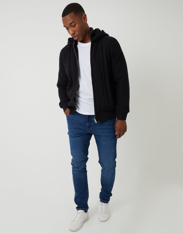 Black Cable Knit Microfleece Lined Zip Through Hoodie
