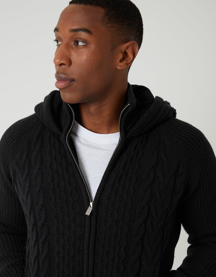 Black Cable Knit Microfleece Lined Zip Through Hoodie