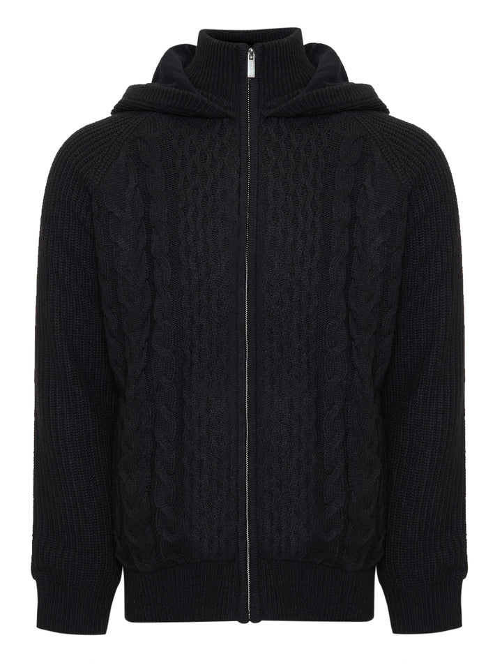 Black Cable Knit Microfleece Lined Zip Through Hoodie