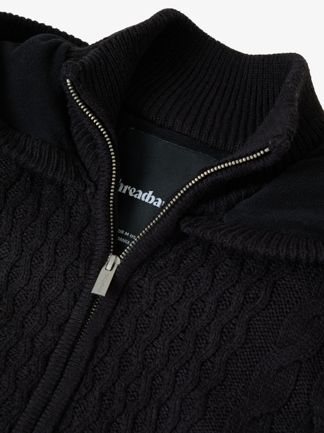 Black Cable Knit Microfleece Lined Zip Through Hoodie