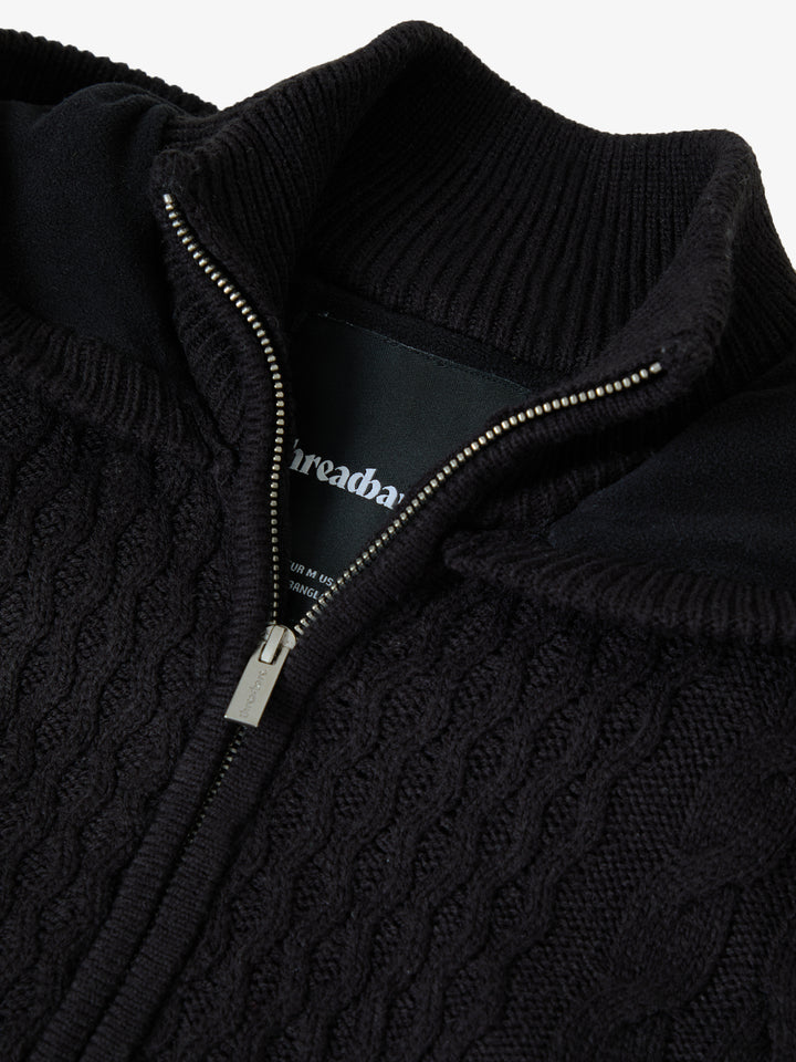 Black Cable Knit Microfleece Lined Zip Through Hoodie
