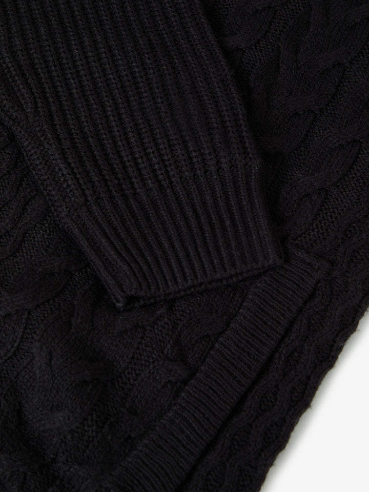Black Cable Knit Microfleece Lined Zip Through Hoodie