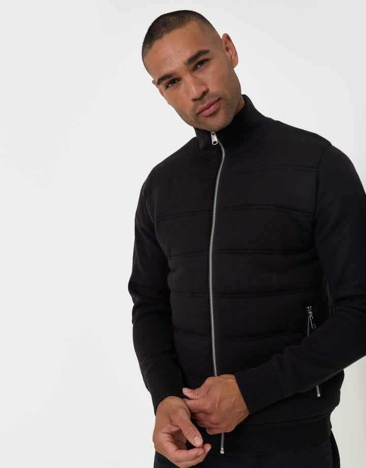 Threadbare Quilted Zip Up Knitted Jacket in Black - front zipped