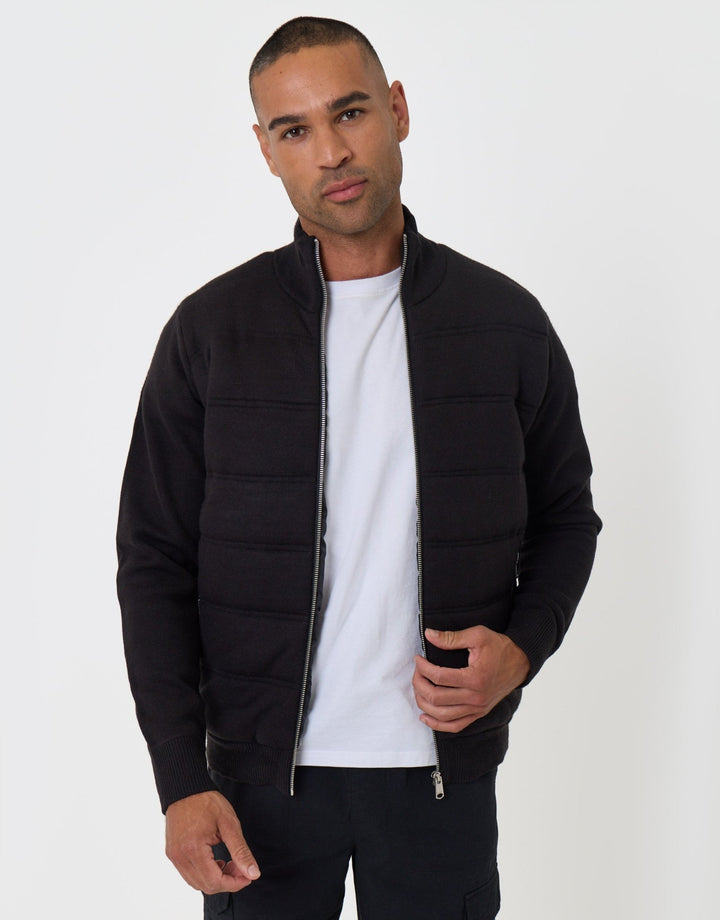 Threadbare Quilted Zip Up Knitted Jacket in Black - front unzipped