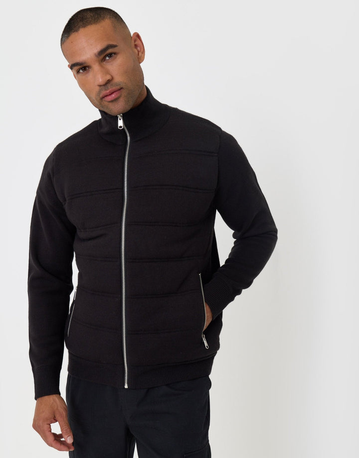 Threadbare Quilted Zip Up Knitted Jacket in Black - front zipped