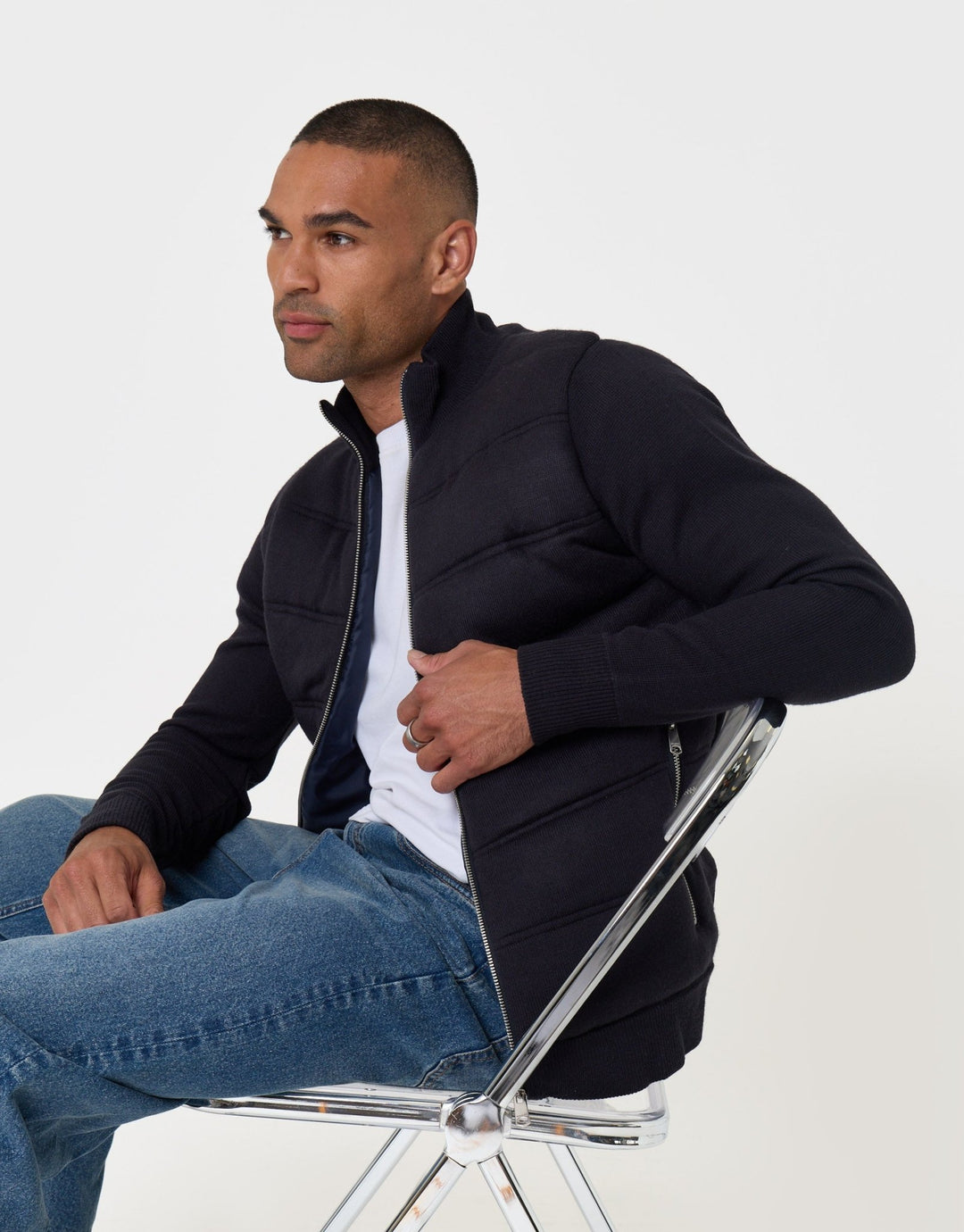 Threadbare Quilted Zip Up Knitted Jacket in Navy - sat down