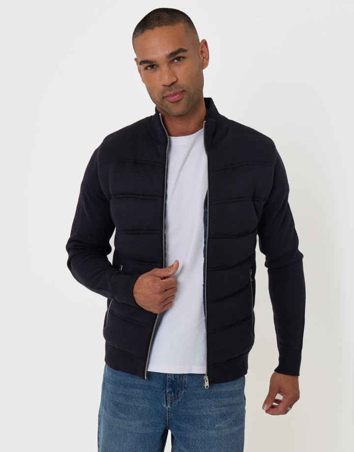 Threadbare Quilted Zip Up Knitted Jacket in Navy - front view