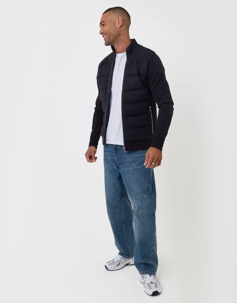 Threadbare Quilted Zip Up Knitted Jacket in Navy - full body