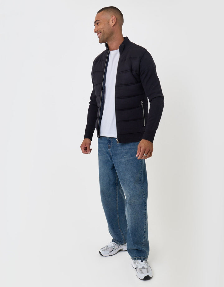 Threadbare Quilted Zip Up Knitted Jacket in Navy - full body