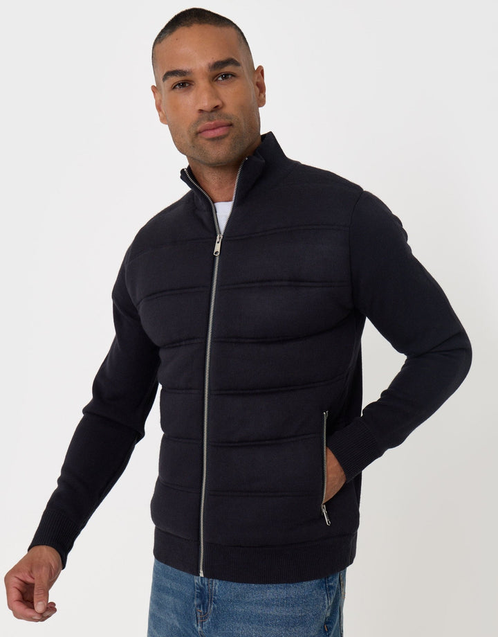 Threadbare Quilted Zip Up Knitted Jacket in Navy - front view zipped
