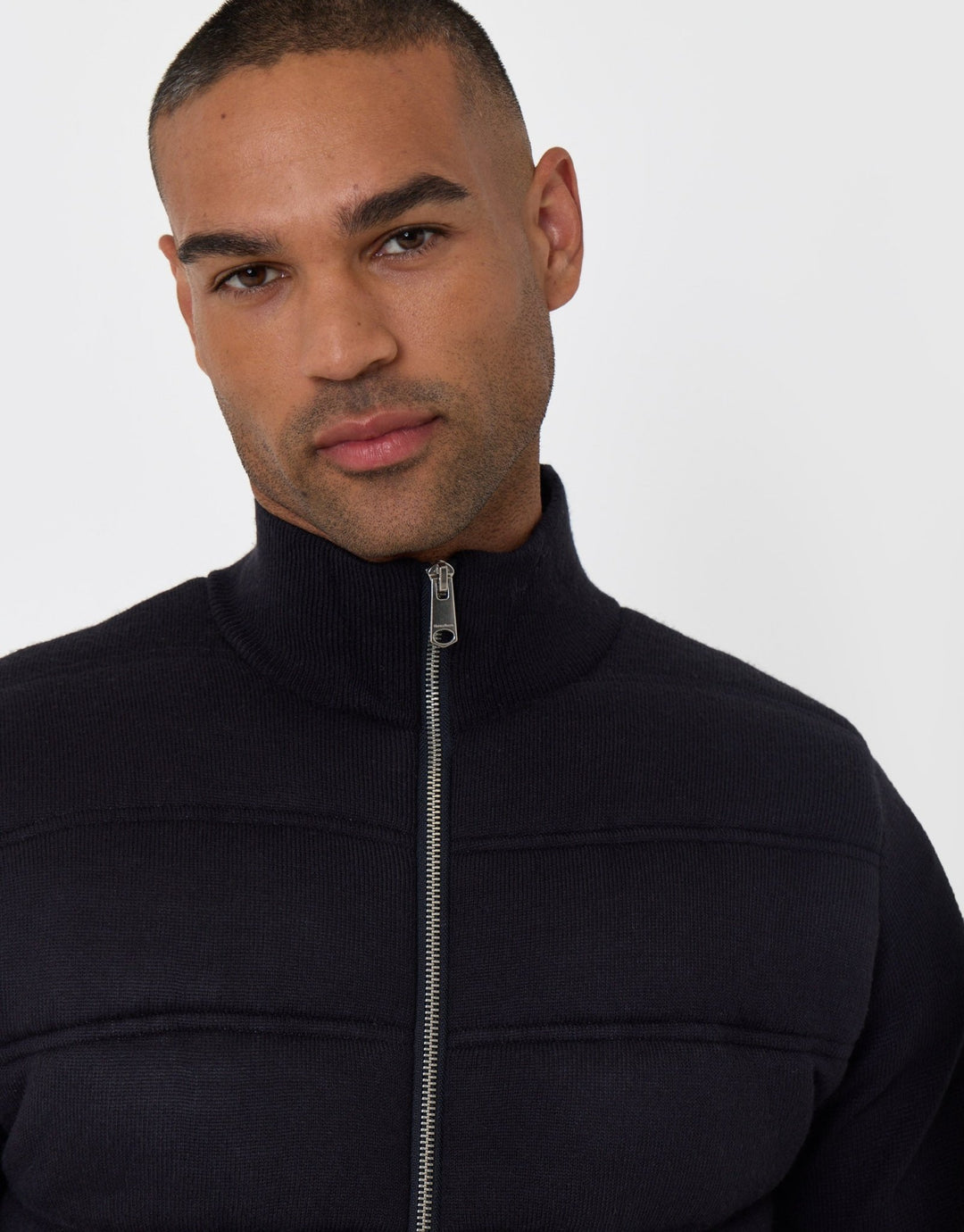 Threadbare Quilted Zip Up Knitted Jacket in Navy - close up