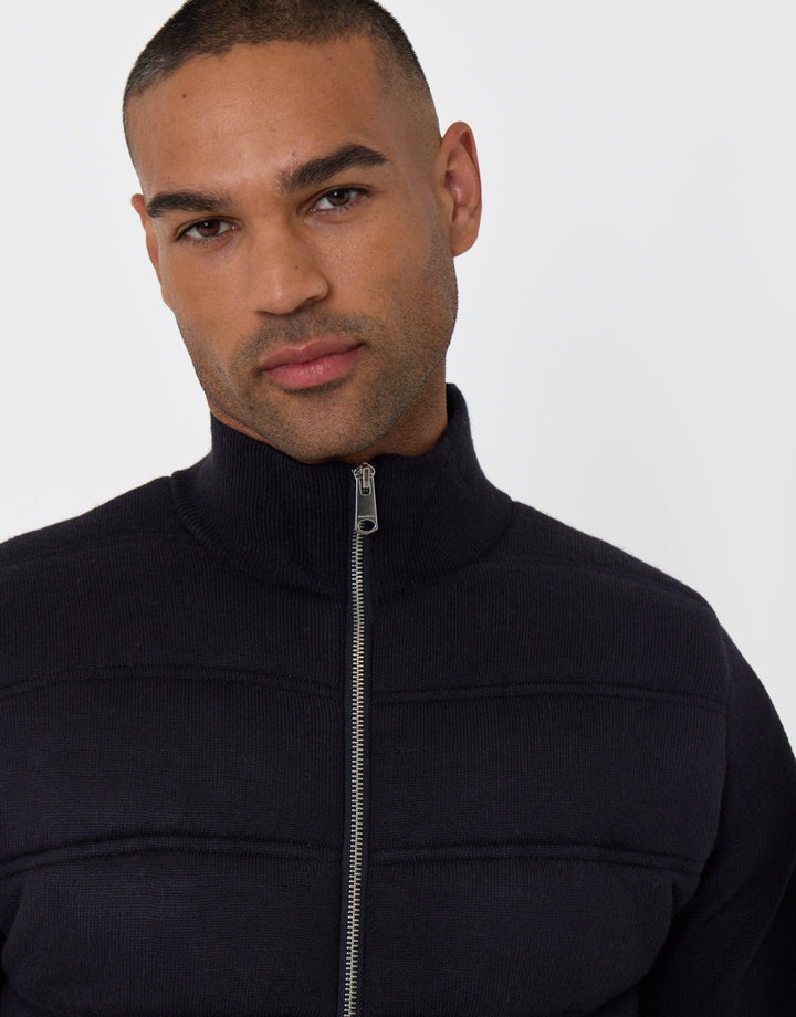 Threadbare Quilted Zip Up Knitted Jacket in Navy - close up