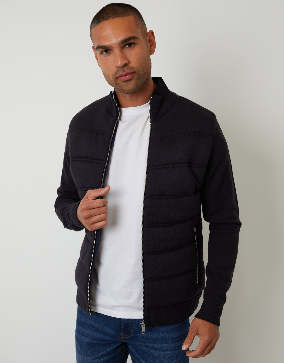 Navy Quilted Zip Up Knitted Jacket