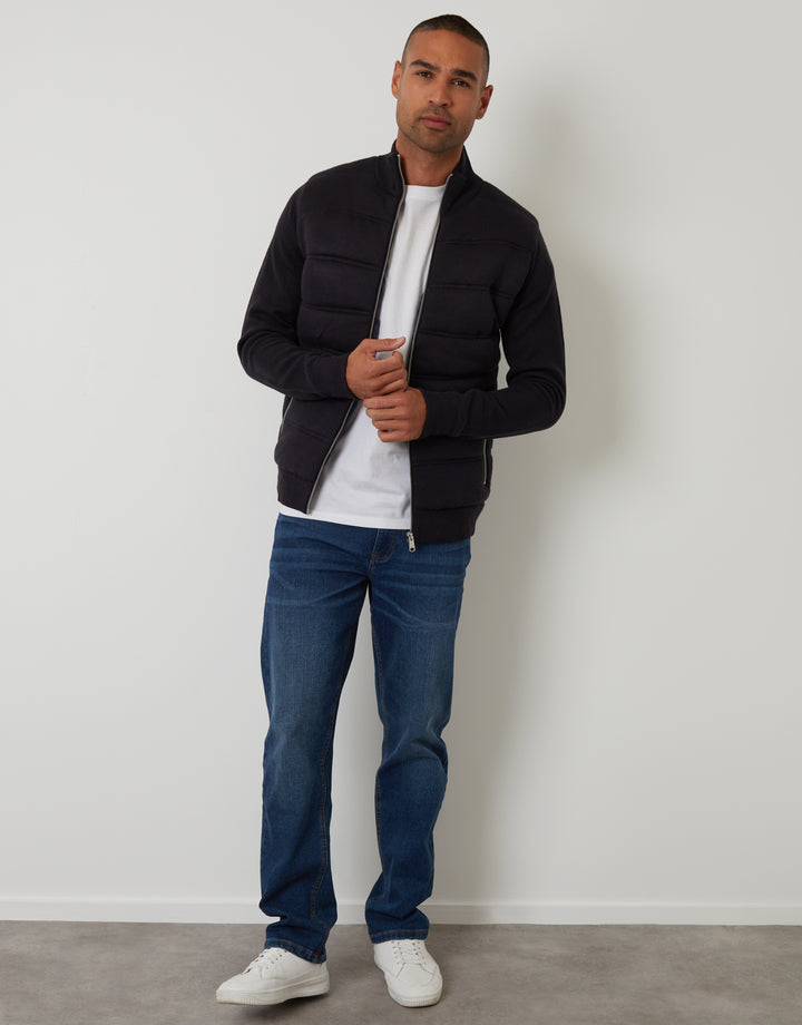 Navy Quilted Zip Up Knitted Jacket