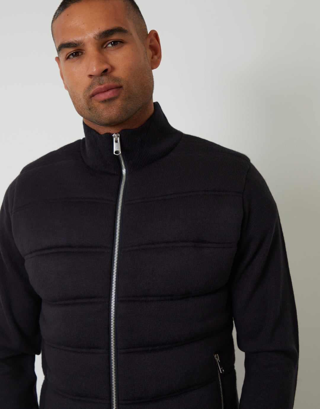 Navy Quilted Zip Up Knitted Jacket