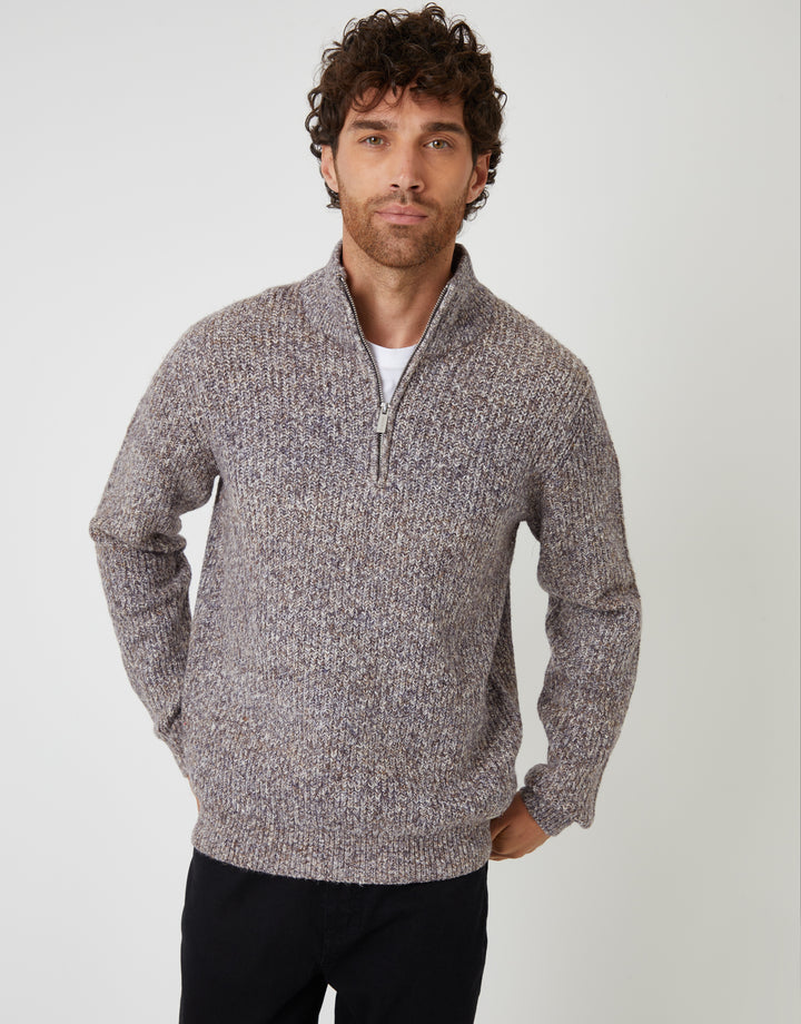 Brown Twist Knitted Quarter Zip Jumper