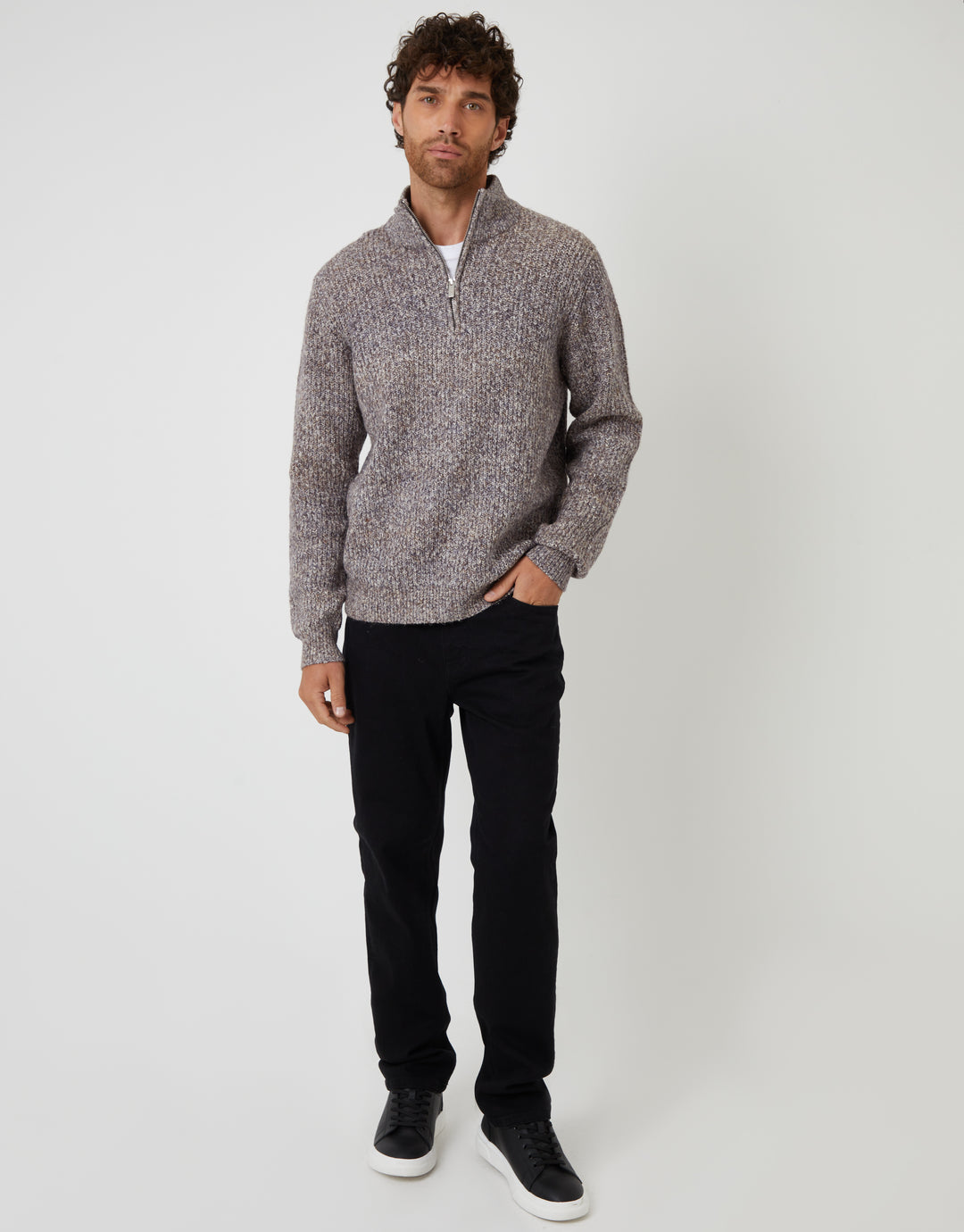 Brown Twist Knitted Quarter Zip Jumper