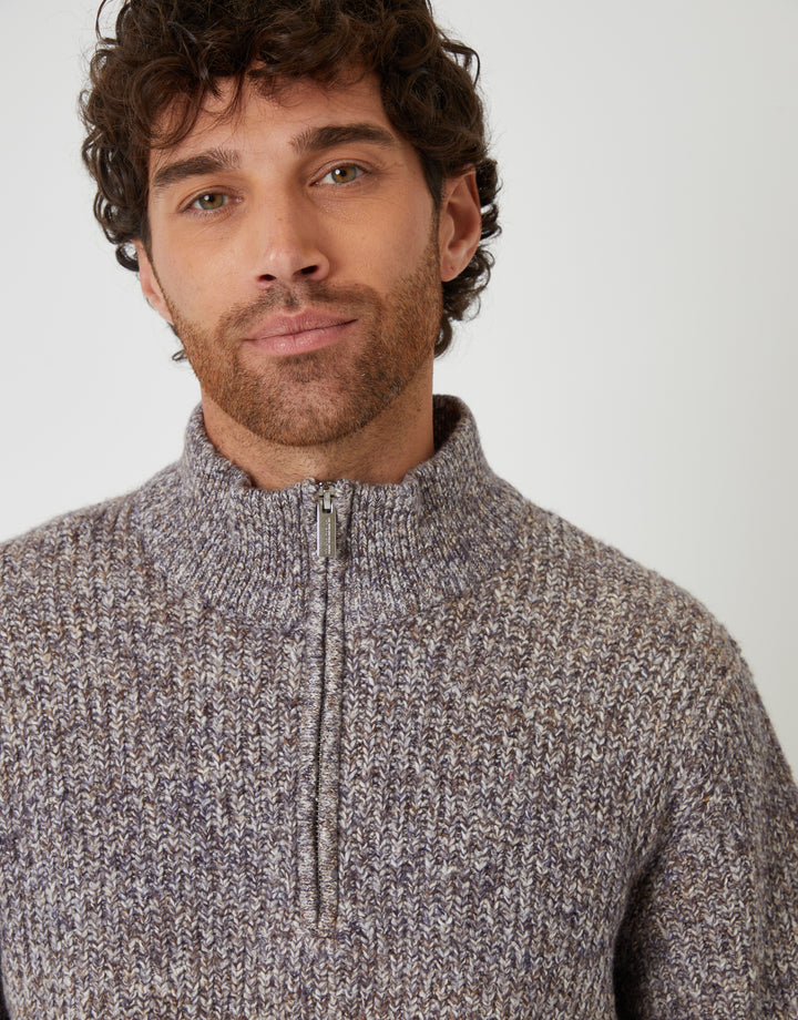 Brown Twist Knitted Quarter Zip Jumper