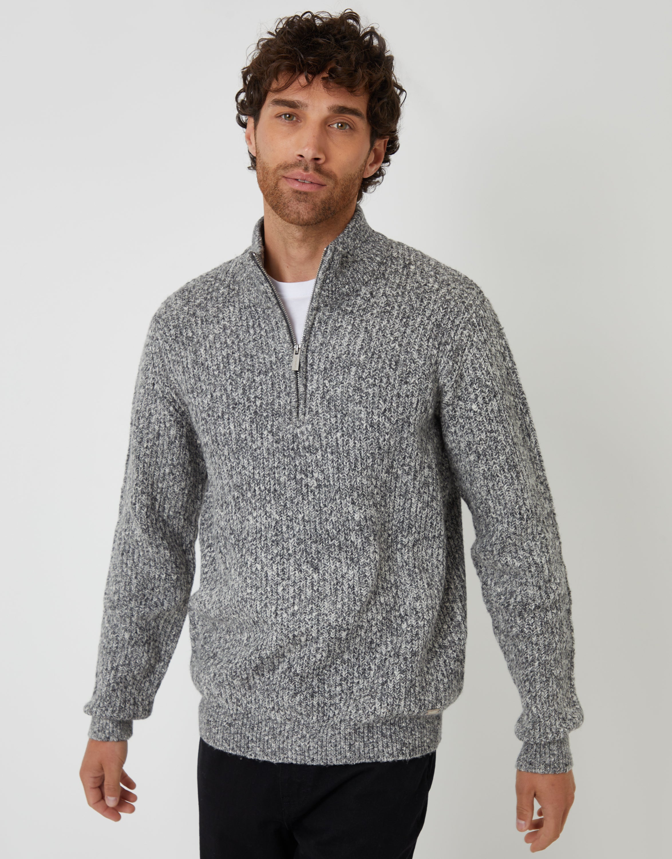 Threadbare Men's Grey Twist Knitted Quarter Zip Jumper