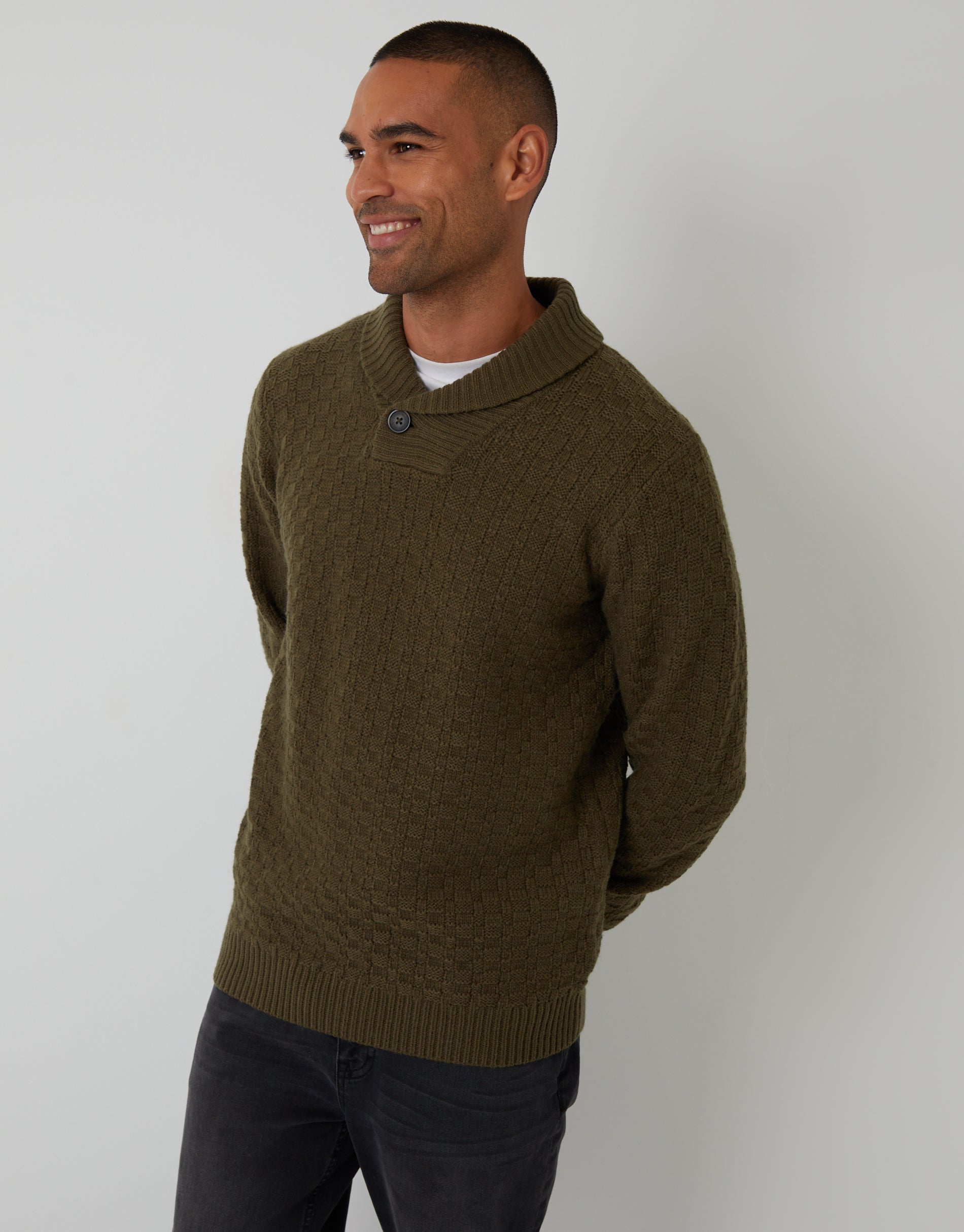Threadbare Men's Khaki Green Basket Stitch Knitted Shawl Neck Jumper