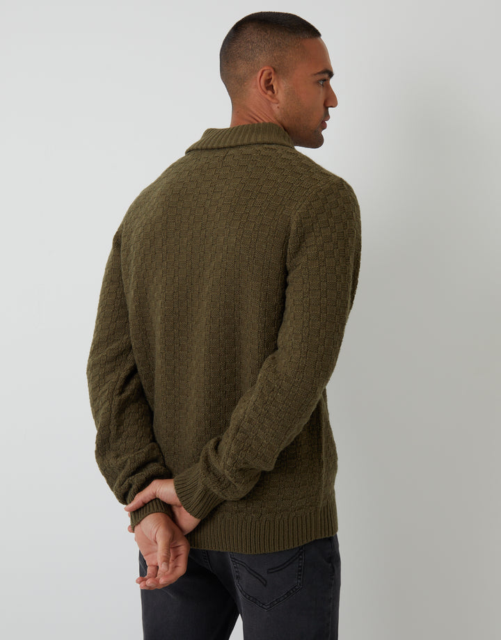 Khaki Green Basket Stitch Knitted Shawl Neck Jumper