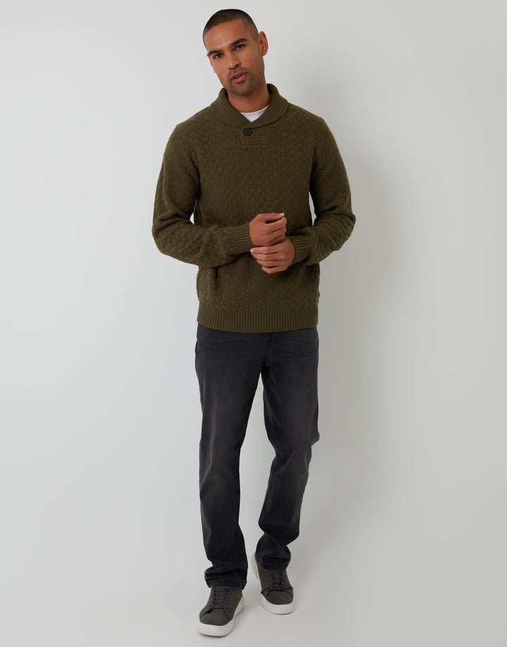 Khaki Green Basket Stitch Knitted Shawl Neck Jumper