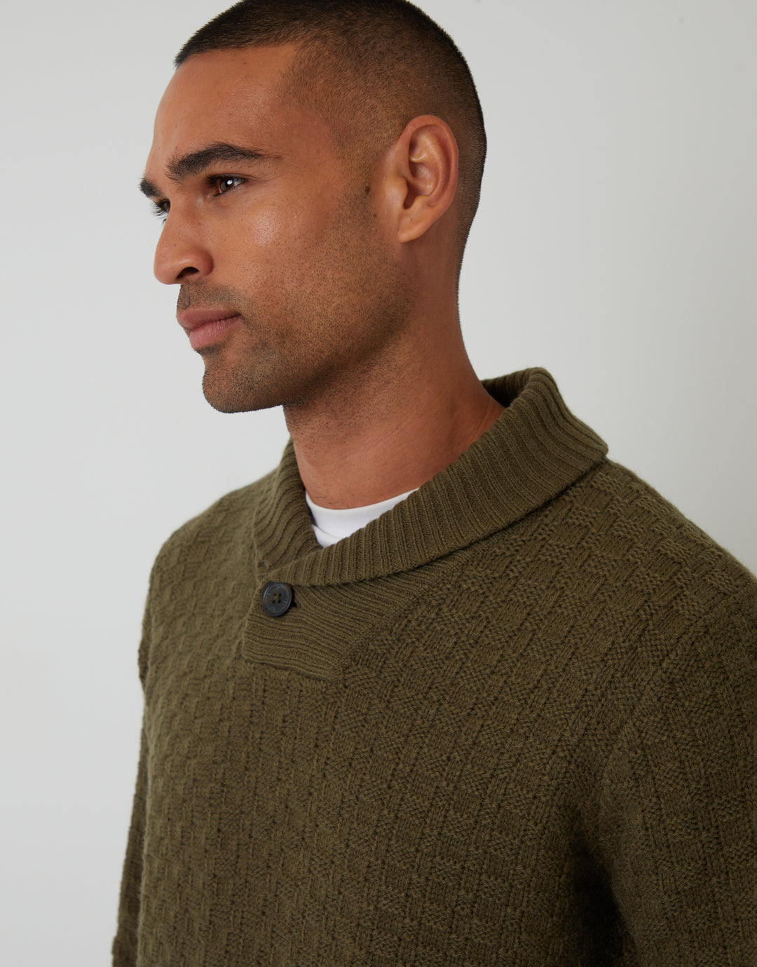 Khaki Green Basket Stitch Knitted Shawl Neck Jumper