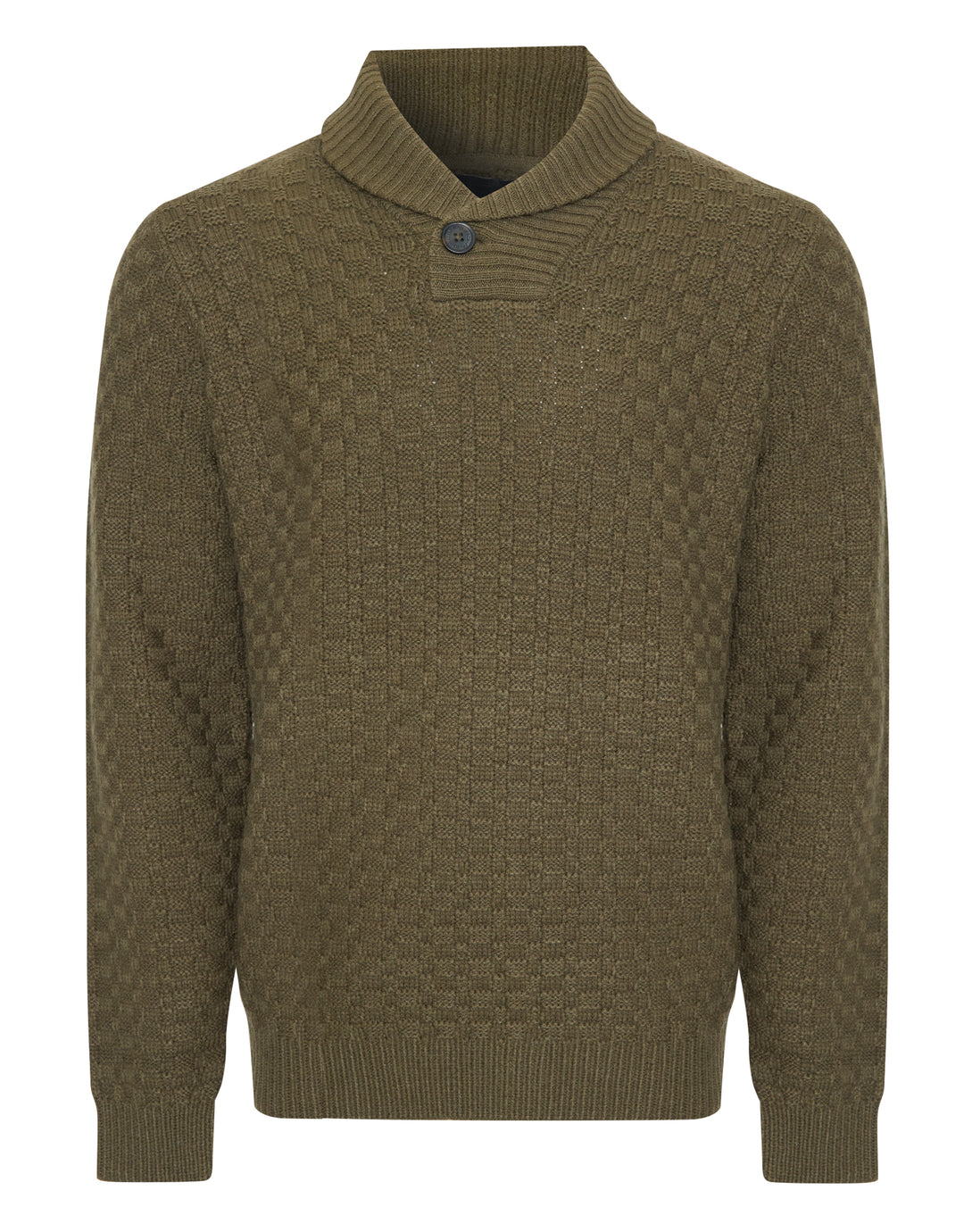 Khaki Green Basket Stitch Knitted Shawl Neck Jumper