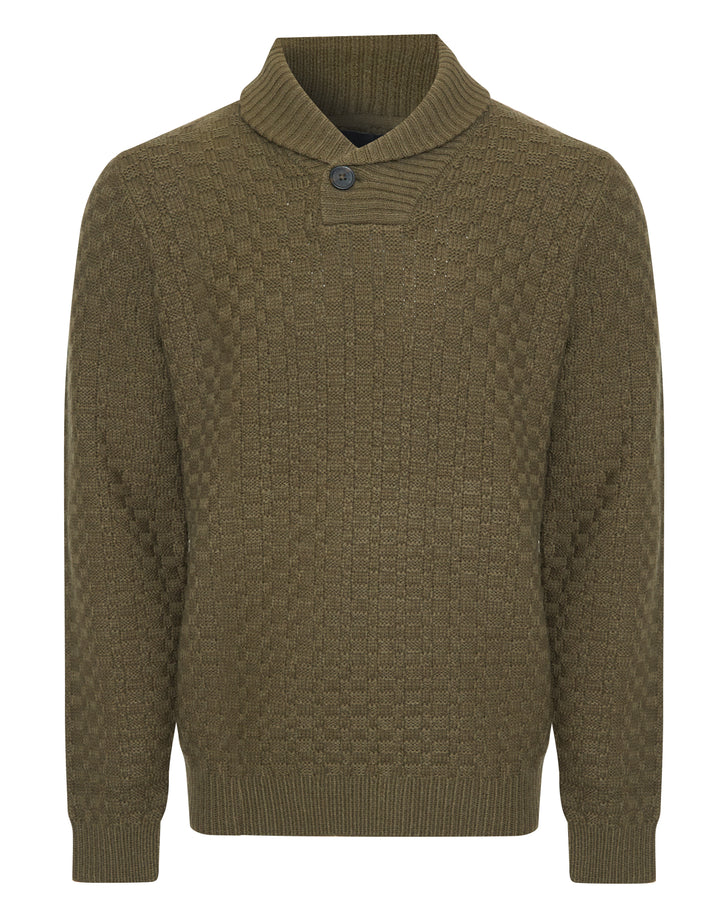 Khaki Green Basket Stitch Knitted Shawl Neck Jumper