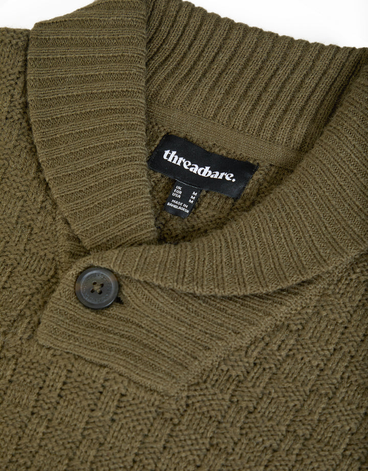 Khaki Green Basket Stitch Knitted Shawl Neck Jumper