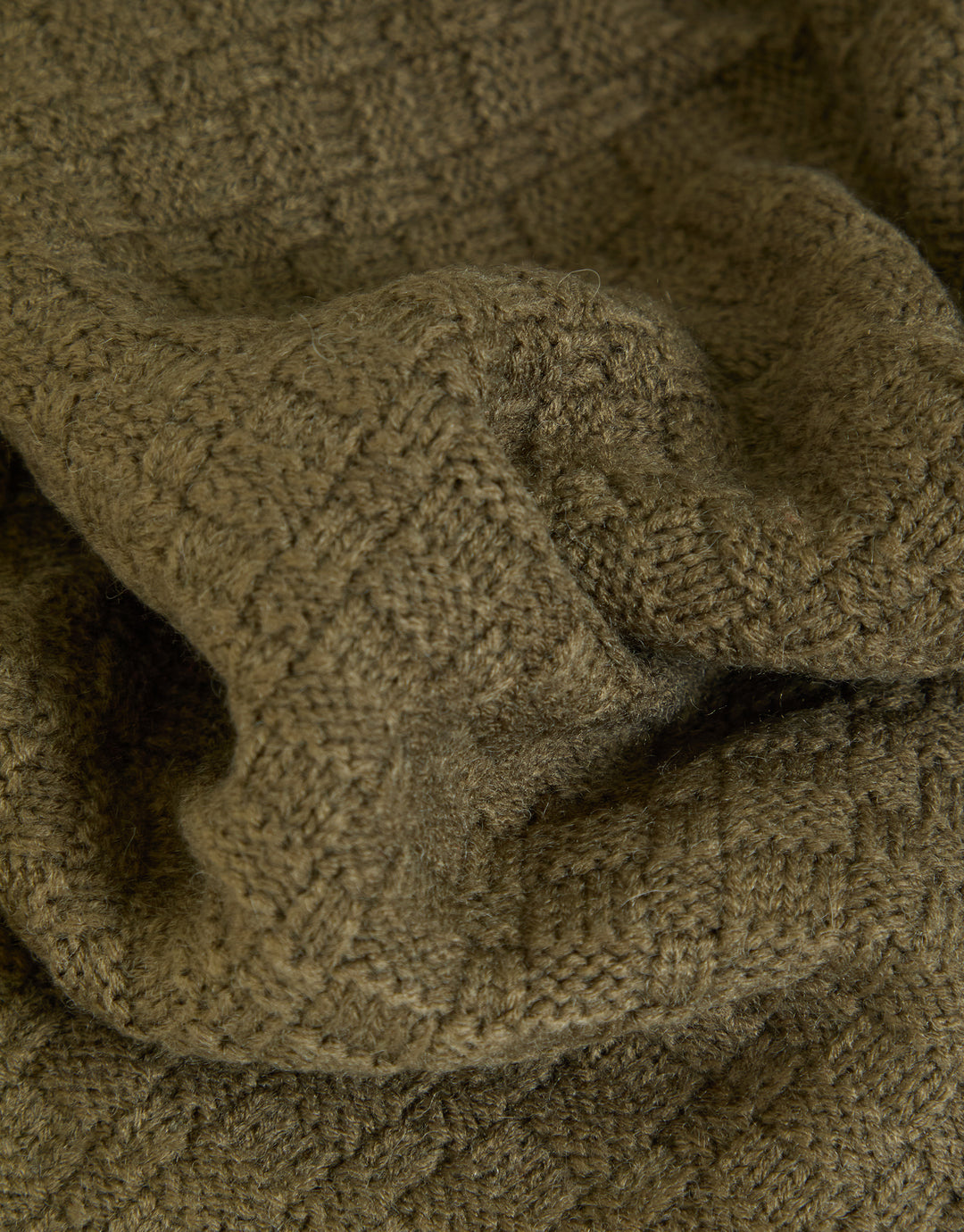 Khaki Green Basket Stitch Knitted Shawl Neck Jumper